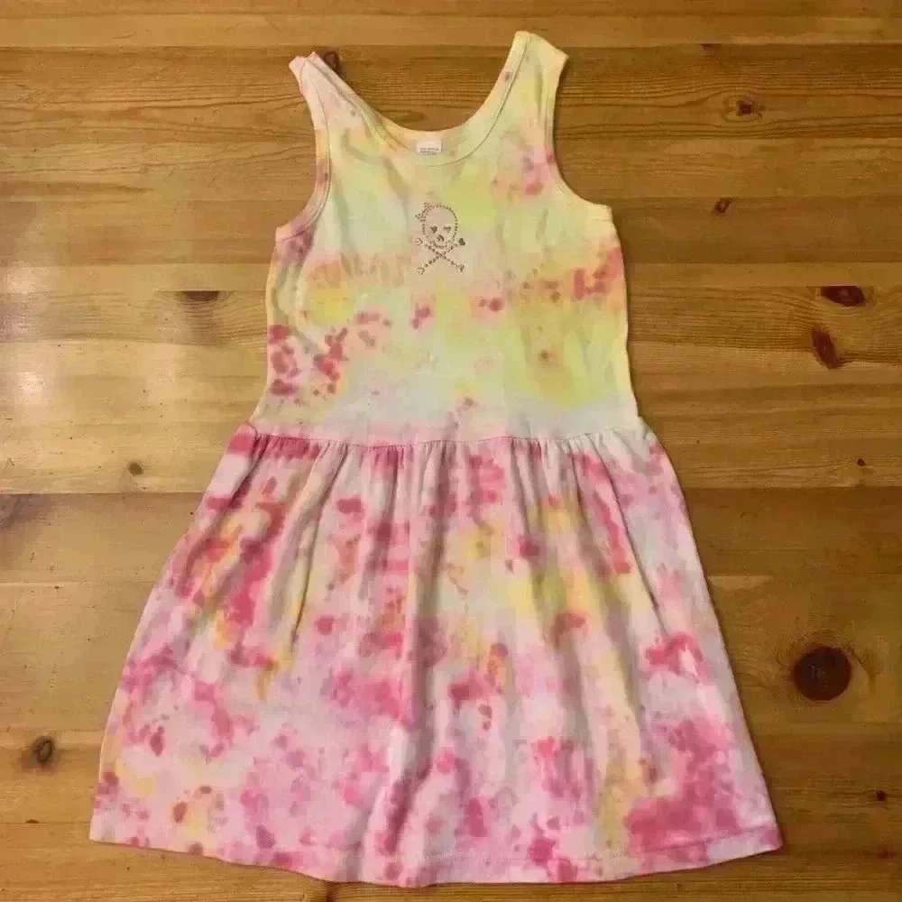 New! Tie dye Pink Yellow Summer Tank Dress skull Girls 8 Cotton